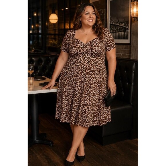 Torrid Dresses & Skirts - Torrid Dress Womens 3X Leopard Print Retro Chic Brown Midi Sweetheart Neck Plus